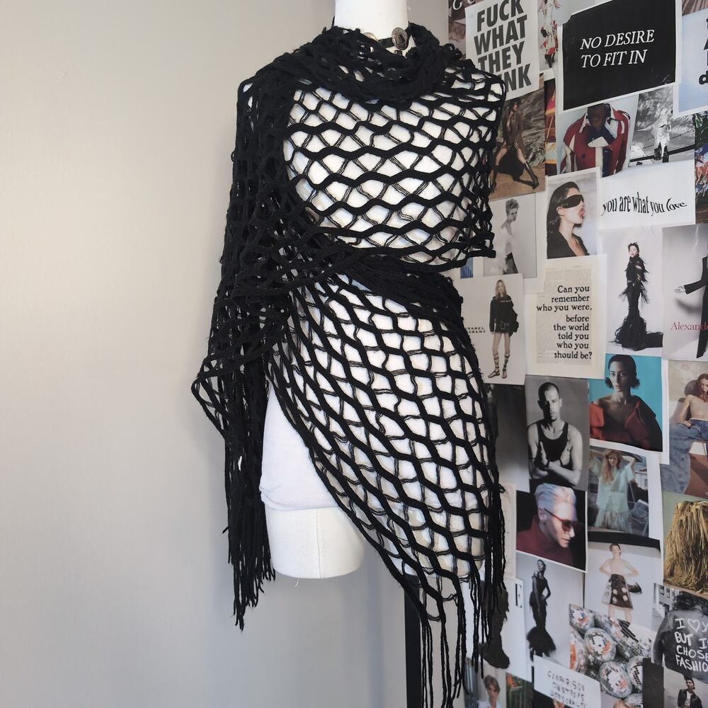 Black Open Knit Fishnet Fringe Scarf Shawl